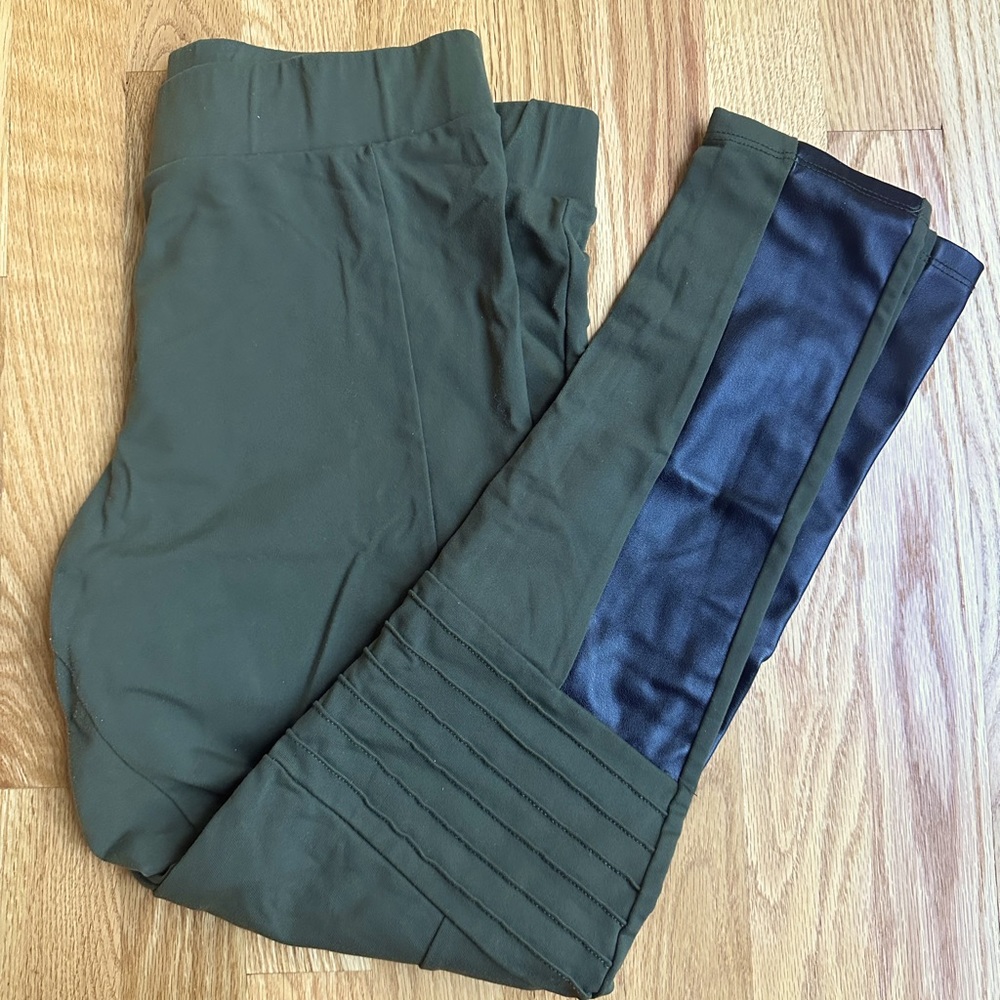 RUNE army green moto leggings with faux leather detail size L